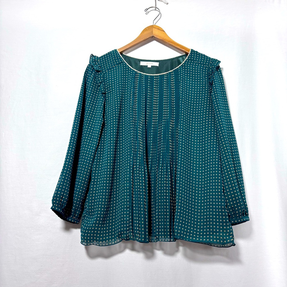 Feminine Scoop Ruffles Blouse by Grove Anthropologie Polka Dot Semi Sheer Large